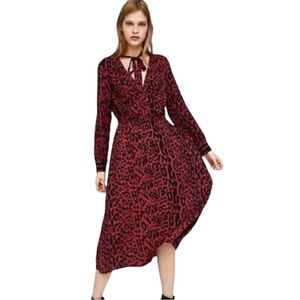 Zara Red Leopard Animal Print Midi Dress Neck Tie